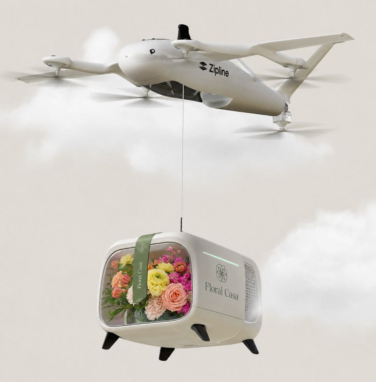 Drone carrying a beautiful Floral Casa flower arrangement through the sky above Coppell.
