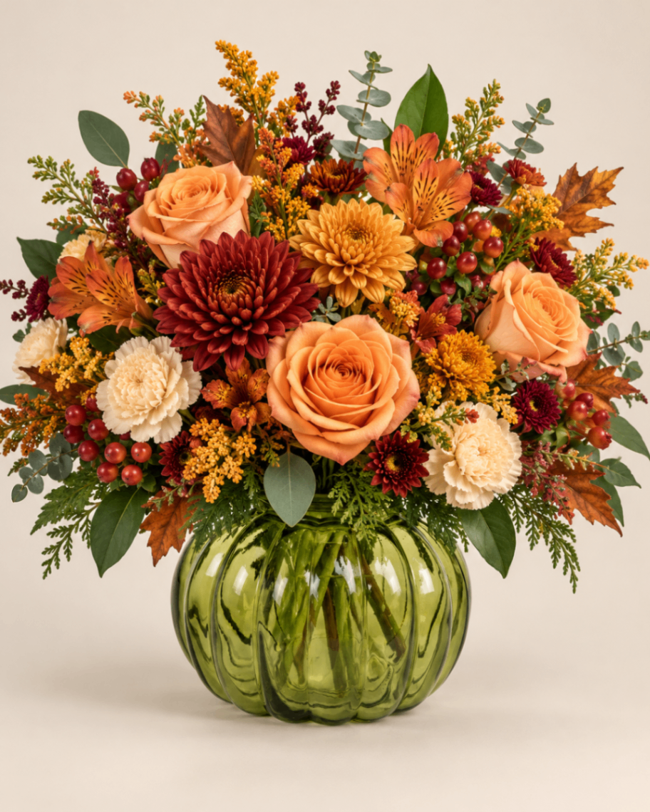 Autumn flower arrangement with peach roses, burgundy and gold chrysanthemums, alstroemeria, berries, and eucalyptus in a gree