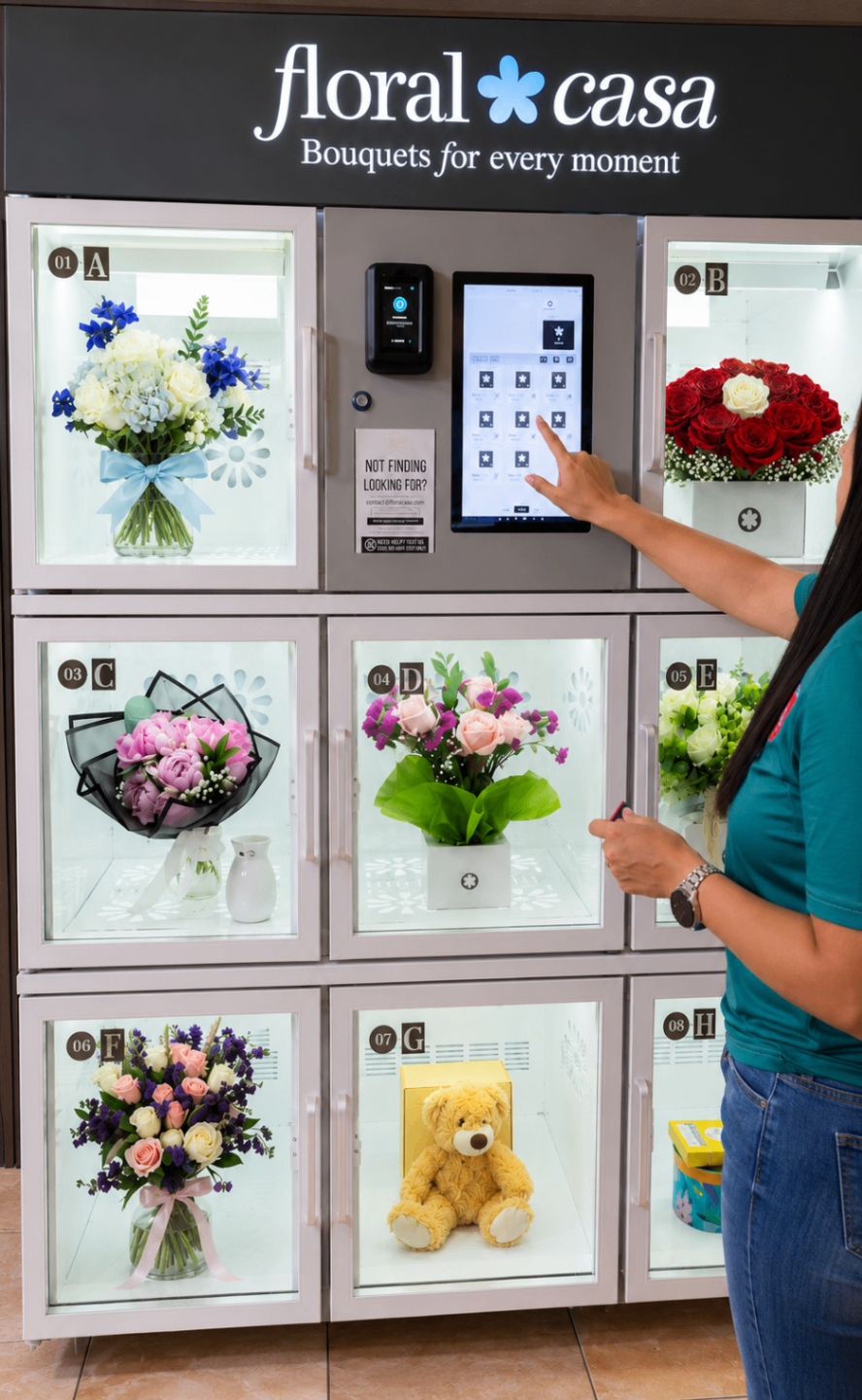 Customer choosing a bouquet on the Floral Casa 24/7 flower vending machine touchscreen in Dallas.