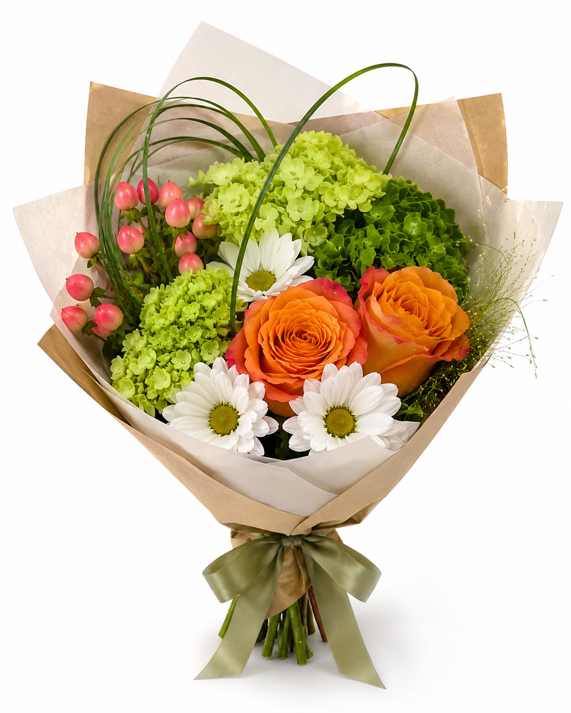 A fresh flower bouquet wrapped in brown kraft paper with a sage green ribbon, featuring orange roses, white daisies, light green hydrangeas, pink tulips, and green ornamental grass on a white background.
